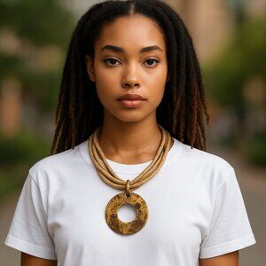 Long Coconut Bead 4 strand necklace w/ Large Hammered brass pendant Boho Summer